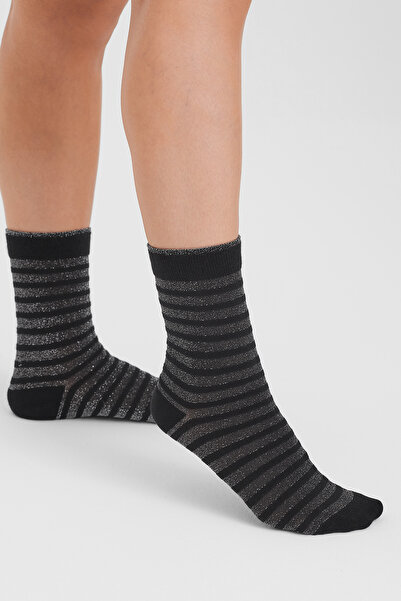 Forwena Siyah Çizgili Simli Ve Modal Dikişsiz Simli Kadın Soket Çorap