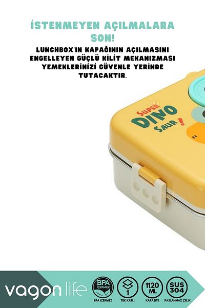 Vagonlife Dinosaur Pattern Bento Lunchbox 1120ml Three Unit Stainless Mixing Seat