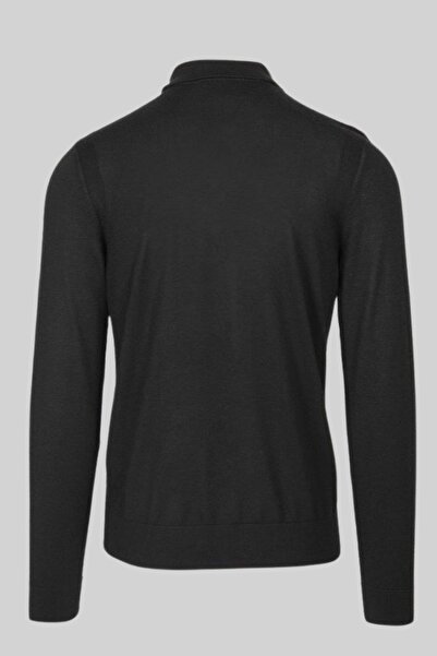 BOSS Regular Fit Polo Yaka Erkek Yün Kazak Siyah