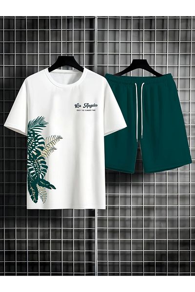 LUNAVISTA Coconut Tree and Los Angeles Pattern Short Sleeve T-Shirt and Lace-Up Shorts