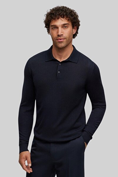BOSS Regular Fit Polo Yaka Erkek Yün Kazak Lacivert