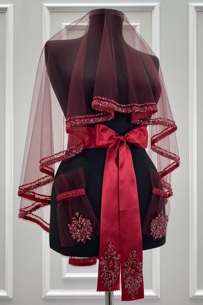 ZEYMERADE Bordo Gelin Duvak Seti, Cam Boncuk ve Pul Baskılı Kına Duvağı Yüz Ö...