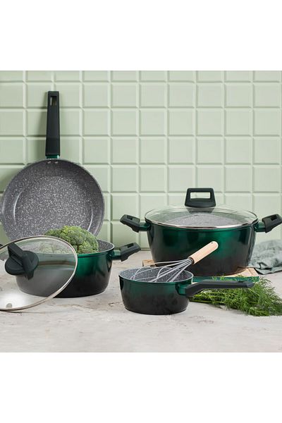 Ambition Oala cu capac 28cm, 6.7L, invelis Qualum Ceramic Stone Edition, Ombre Green