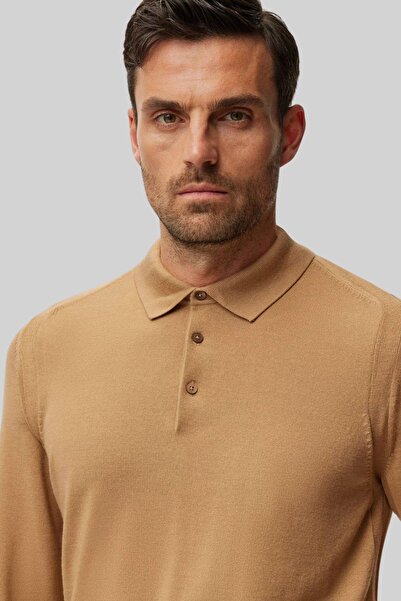 BOSS Regular Fit Polo Yaka Erkek Yün Kazak Bej