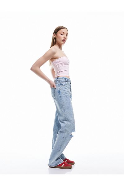Koton Pantaloni de jeans cu tăietură dreaptă cu detaliu de uzură din bumbac - Blugi mai lungi cu tăietură dreaptă