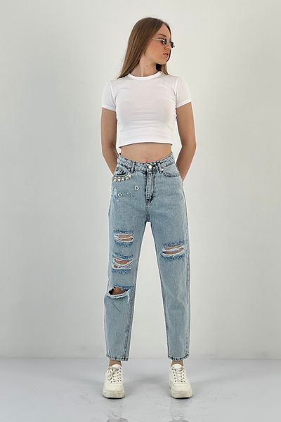 Miss Poem Blugi de damă rupti cu pietre Mom Blue Denim