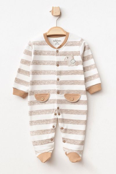 Aziz Bebe Baby Boy Striped Horse Embroidered Booties Jumpsuit with Snap Fasteners 0 Month - 6 Months