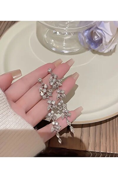 Aksesuar Gümüş Renkli Taşlı Sallantılı Şık Düğün Abiye Küpe