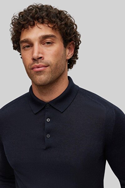 BOSS Regular Fit Polo Yaka Erkek Yün Kazak Lacivert