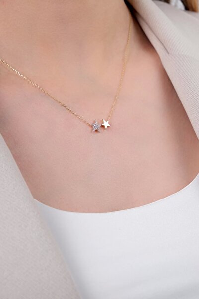 Güzide Kuyumcu Güzide 14 Ayar Altın Taşlı Ikili Yıldız Kolye