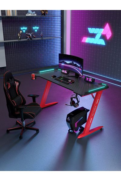 1st 120cm Gaming Table with RGB Lighting in Z Shape - Red