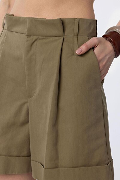Antioch Haki Yüksek Bel Pensli Kadın Bermuda Şort