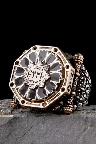 Diriliş Takı Siyah Mineli Kalkan Model Göktürkçe Türk Gümüş Yüzük