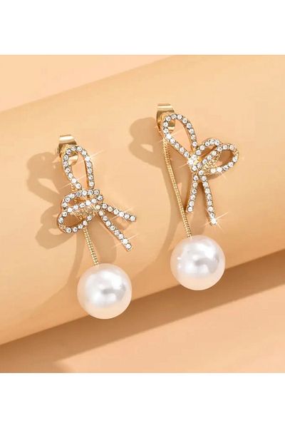 Aksesuar Stoned and Pearl Gold Colored Knot Stylish Wedding Evening Dress Earrings