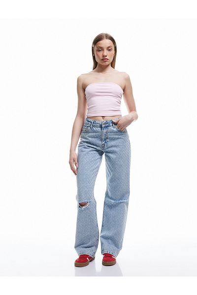 Koton Pantaloni de jeans cu tăietură dreaptă cu detaliu de uzură din bumbac - Blugi mai lungi cu tăietură dreaptă