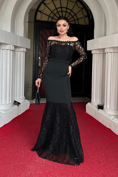 giyimmasalı Τοπ Guipure Lace Bottom Διπλό Βραδιινό Φόρεμα από Υφασμάτινο Boat Neck - Μαύρο