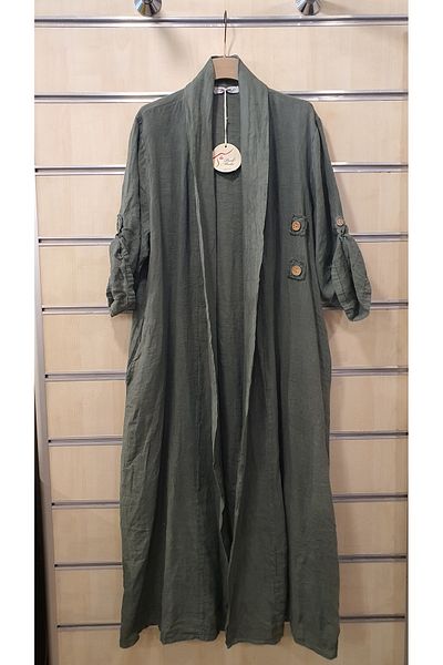 Park Moda Long Italian Linen Jacket with Solid Pattern Button Detail