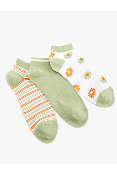 Koton 3'lü Çok Renkli Çizgili Çiçekli Patik Çorap Seti