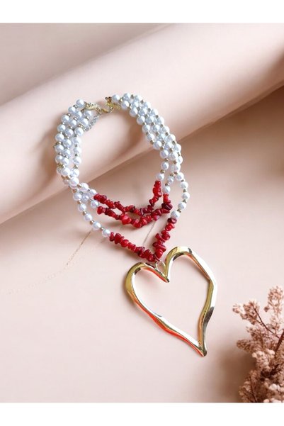 GM TAKI Heart Gold Color Necklace |   Coral Stone & Pearl Detailed