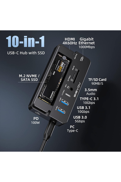Acasis 10 Gbps, 10 in 1, M.2 NVMe SSD, 100W PD, HDMI 4K@60Hz, Gigabit Ethernet, 1x10Gbps Type-C,