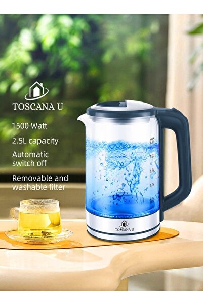 TOSCANA U 2.5L 1500W Glass Glare Electric Kettle with Ocean Blue Light