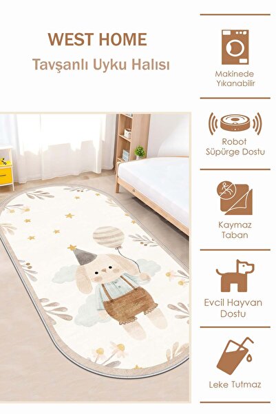 West Home Uyku Halısı Makinede Yıkanabilir Kaymaz Taban Antibakteriyel Bej Çocuk  Halısı