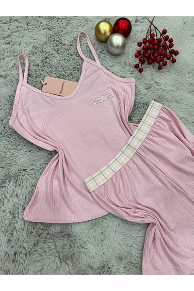 pijamaworld Ip Strap Shorts Waist Elastic Detail Pizzama Suit