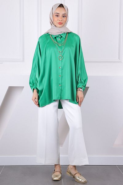 İmajButik Πράσινο κρεμαστό πουκάμισο Oversize Σατέν