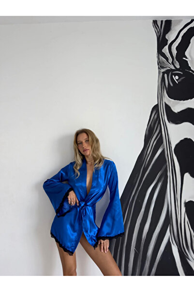 lizabella Siyah Dantel Detaylı Mavi Mini Saten Sabahlık