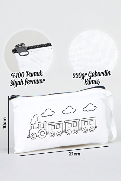 Pamusan Tren Desenli Boyanabilir Bez Kalemlik - 10 Adet - 21x10cm Kalem Çantası - Keçeli Kalemle Boyanabilir