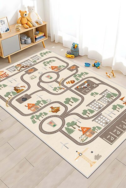 West Home Oyun Halısı Makinede Yıkanabilir Kaymaz Taban Antibakteriyel Yol Desenli Çocuk  Halısı