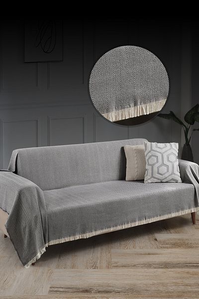 LADYNİL غطاء أريكة قطن 100% بلون أنثراسايت - شال أريكة مهدب مقاس 180 × 300 سم