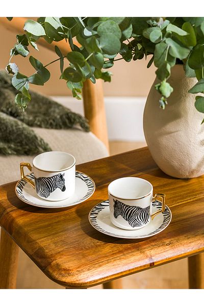 LC Waikiki Black Zebra Printed Porcelain Coffee Cup Set for 2 Persons 90 ml