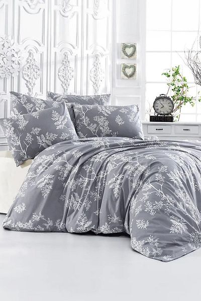 GARDEN ROOM Μοντέλο Grey Flower - Σετ Παπλωματοθήκη Διπλό Ελαστικό, Λευκό Δάπεδο
