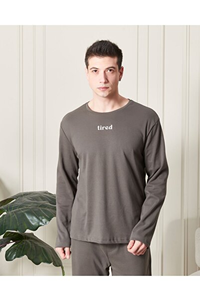 YHGTEKSTİL Tired Printed Men's Pajama Set Mink