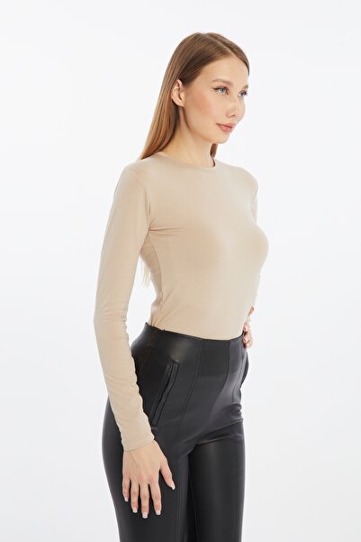 LAENT Women's Cream Round Neck Long Sleeve Blouse