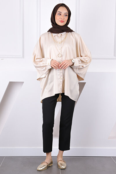 İmajButik Μπεζ κρεμαστό υπερμεγέθη σατέν πουκάμισο