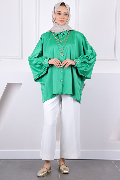 İmajButik Πράσινο κρεμαστό πουκάμισο Oversize Σατέν
