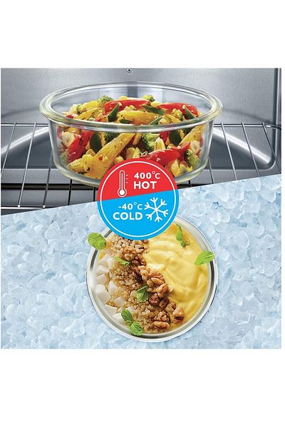 Borosil Set of 2 Glass Storage Containers, 320ml Square & 400ml Round, Microwave & Oven Safe