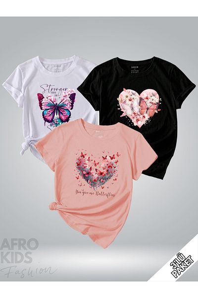 GLOWES Tricou oversize unisex pentru copii, pachet de 3 inimioare și pene