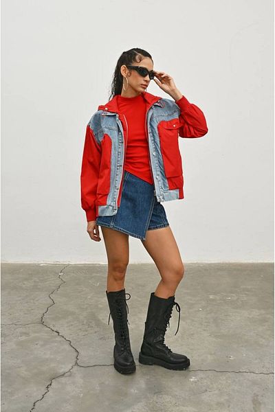 İLKCET MODA Mix Women's Oversize Denim Raincoat