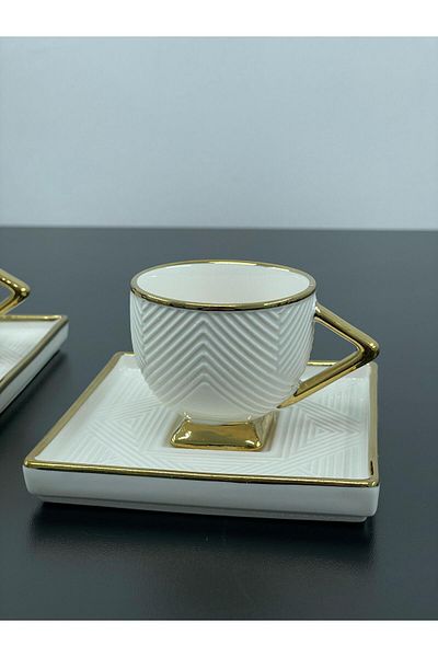 YzHome 2 PERSON PORCELAIN GOLD STARED SQUARE PLATE TURKISH COFFEE CUP SET SET