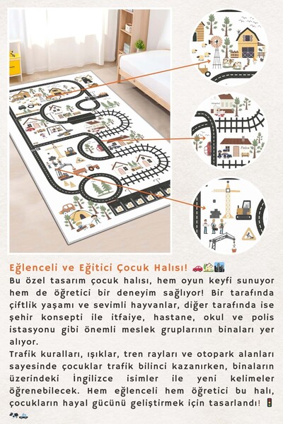 West Home Oyun Halısı Makinede Yıkanabilir Kaymaz Taban Antibakteriyel Yol Desenli Çocuk  Halısı