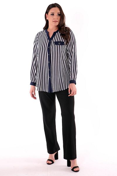Metpoint Large Size Navy Blue Striped V-Neck Shirt