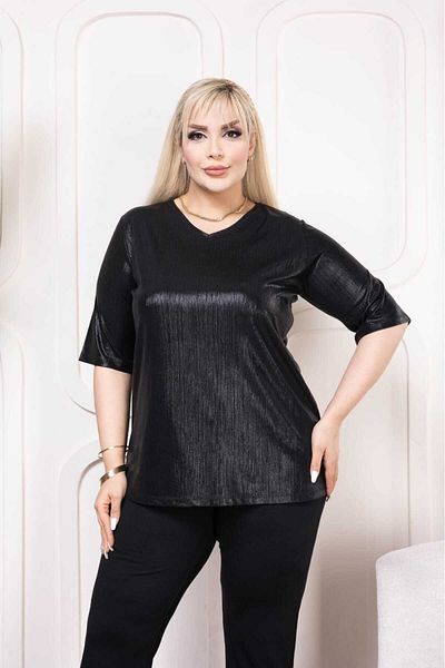 Şans Women's Large Size Black, V-Neck Leaf Blouse 65N38933