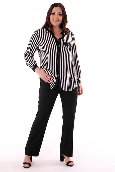 Metpoint Large Size Black Striped V-Neck Shirt
