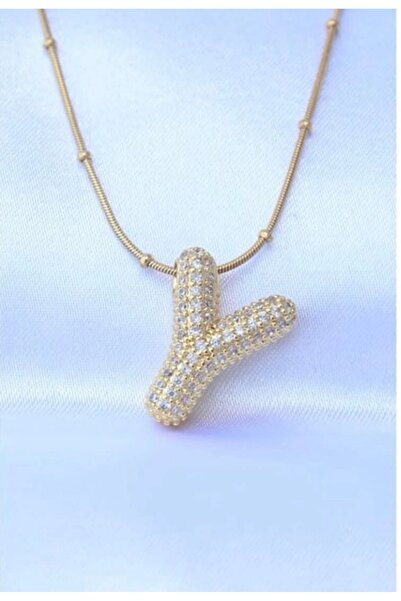 Genel Markalar Çelik Zincirli Zirkon Taşlı Y Harfli Gold Renk Bubble Kolye