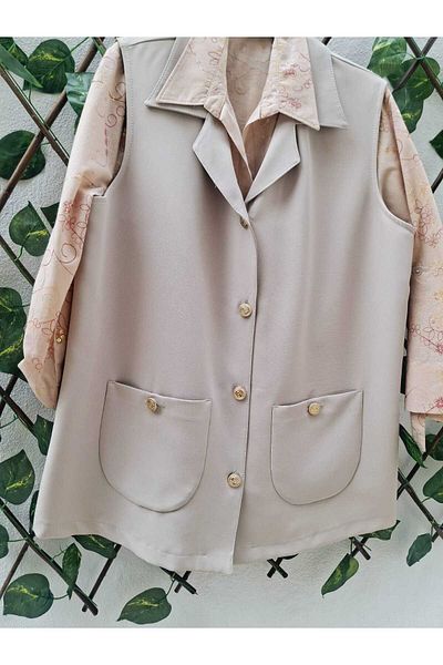 MODA Gold Button Hijab with Matching Pocket Detail Vest in Chickpea Color