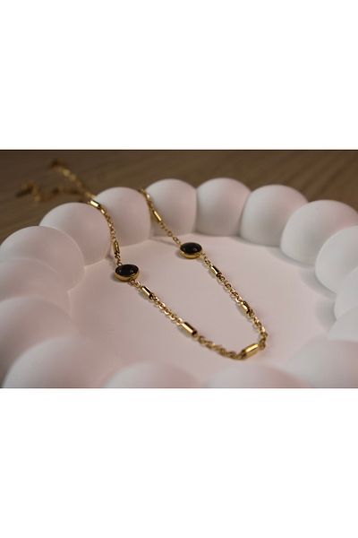 Mia Black Stone Gold Color Steel Necklace