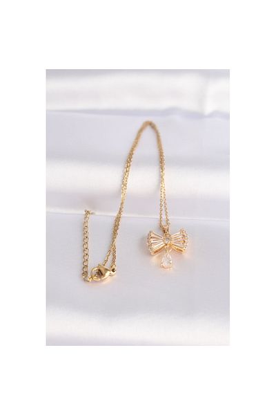 Skygo 316L Steel Chain and Zircon Stone Gold Color Heart Detail Bow Necklace - TJ-BKO8603